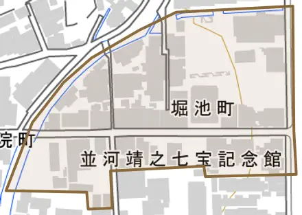 堀池町とその周辺の地図。町の範囲を重ねている