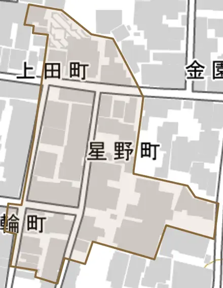 星野町とその周辺の地図。町の範囲を重ねている