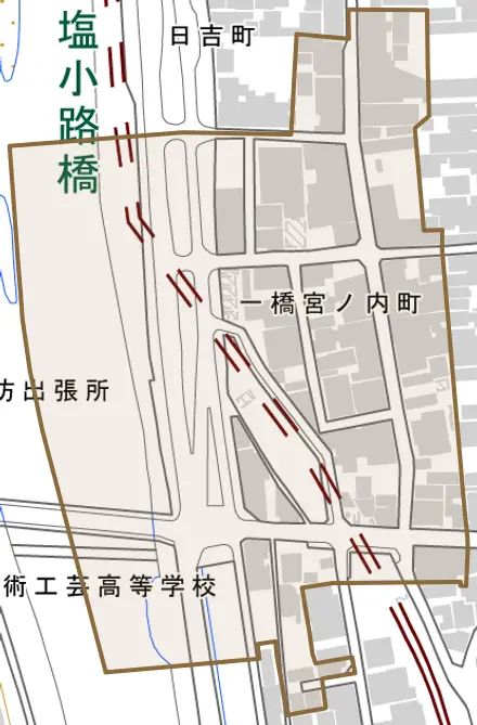 一橋宮ノ内町とその周辺の地図。町の範囲を重ねている