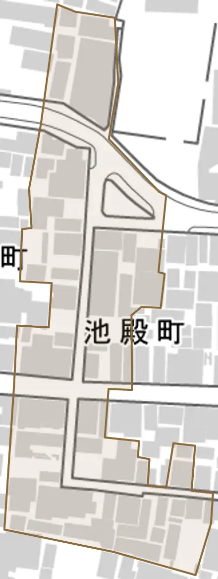 池殿町とその周辺の地図。町の範囲を重ねている