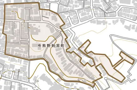 今熊野剣宮町とその周辺の地図。町の範囲を重ねている