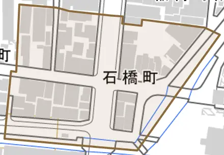 石橋町とその周辺の地図。町の範囲を重ねている