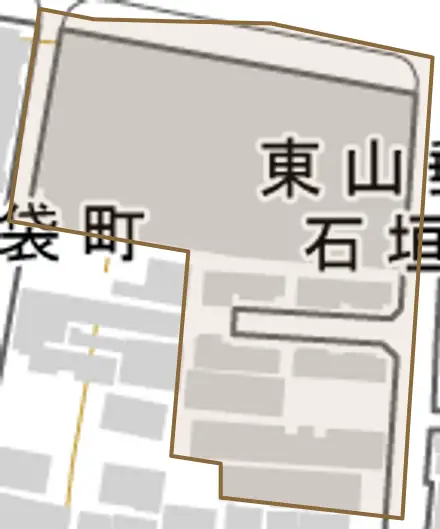 石垣町西側とその周辺の地図。町の範囲を重ねている