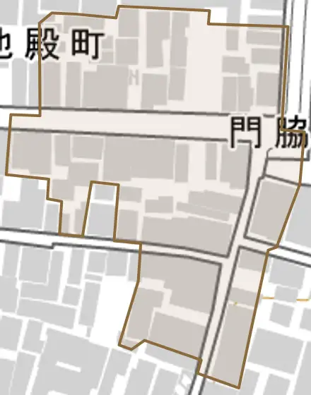 門脇町とその周辺の地図。町の範囲を重ねている