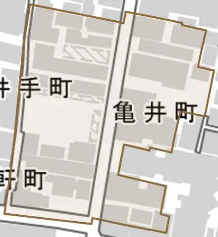亀井町とその周辺の地図。町の範囲を重ねている