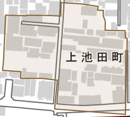 上池田町とその周辺の地図。町の範囲を重ねている
