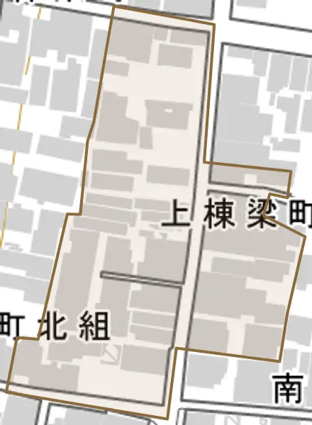 上棟梁町とその周辺の地図。町の範囲を重ねている