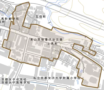 上馬町とその周辺の地図。町の範囲を重ねている