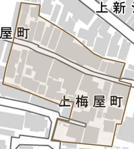 上梅屋町とその周辺の地図。町の範囲を重ねている
