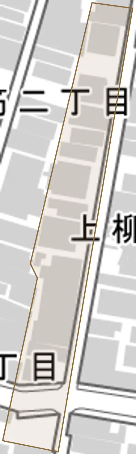 上柳町とその周辺の地図。町の範囲を重ねている