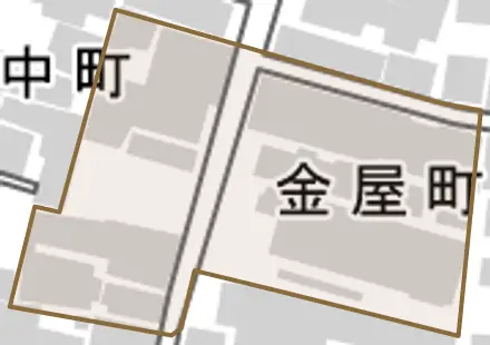 金屋町とその周辺の地図。町の範囲を重ねている