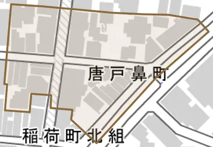 唐戸鼻町とその周辺の地図。町の範囲を重ねている