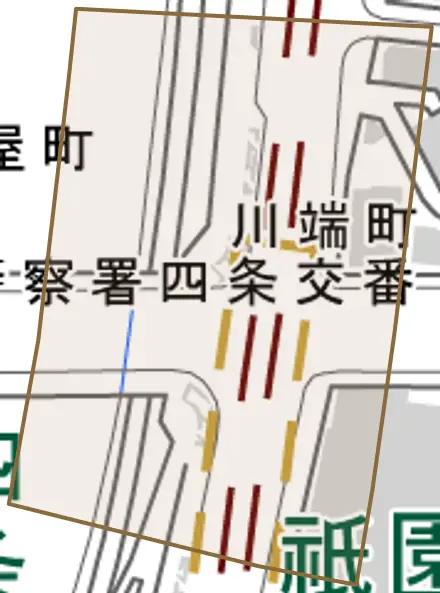 川端町とその周辺の地図。町の範囲を重ねている