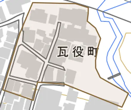 瓦役町とその周辺の地図。町の範囲を重ねている