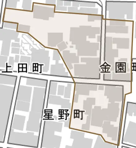 金園町とその周辺の地図。町の範囲を重ねている