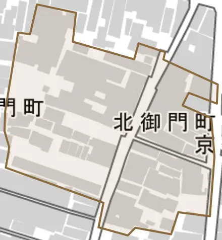 北御門町とその周辺の地図。町の範囲を重ねている