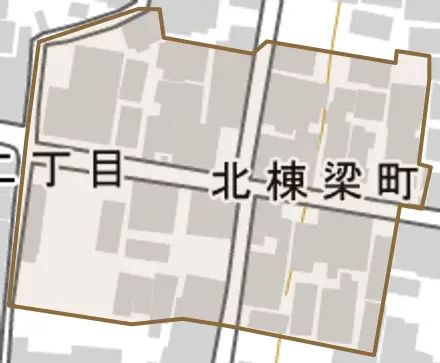 北棟梁町とその周辺の地図。町の範囲を重ねている