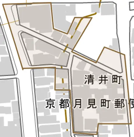 清井町とその周辺の地図。町の範囲を重ねている