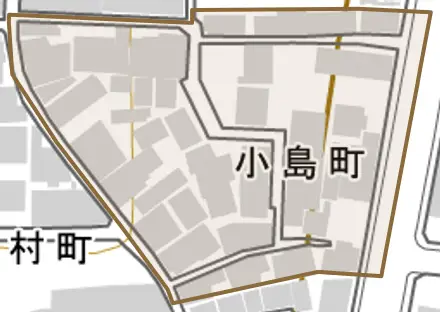 小島町とその周辺の地図。町の範囲を重ねている