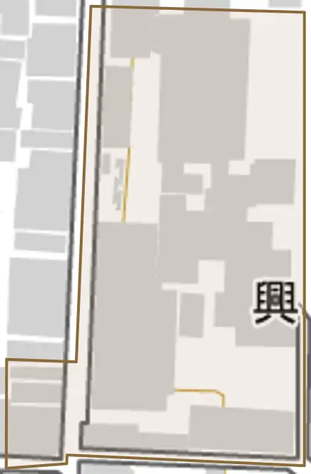 興善町とその周辺の地図。町の範囲を重ねている