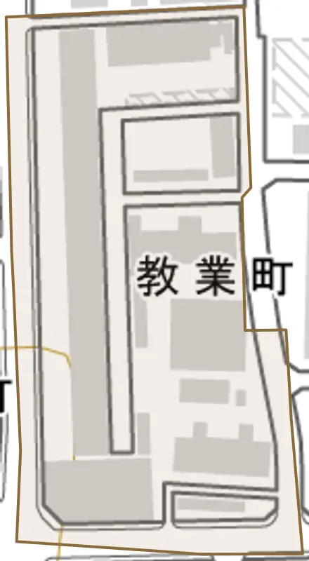 教業町とその周辺の地図。町の範囲を重ねている