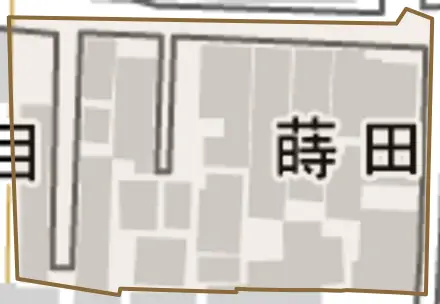 蒔田町とその周辺の地図。町の範囲を重ねている