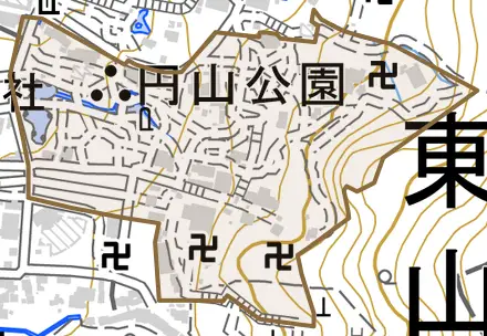 円山町とその周辺の地図。町の範囲を重ねている