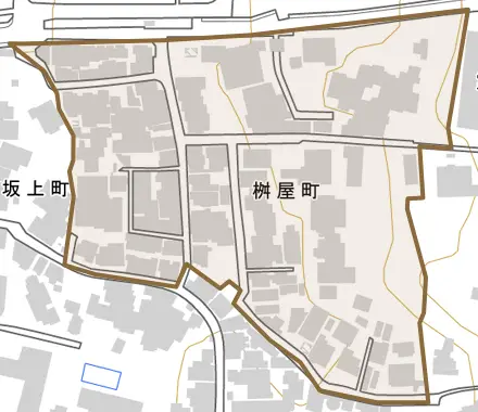 桝屋町とその周辺の地図。町の範囲を重ねている