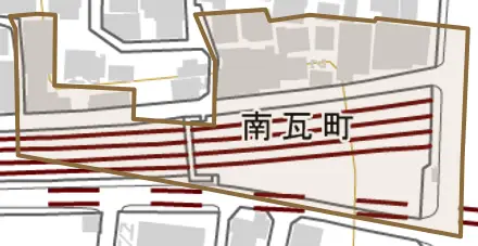 南瓦町とその周辺の地図。町の範囲を重ねている