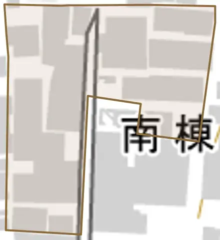 南棟梁町とその周辺の地図。町の範囲を重ねている