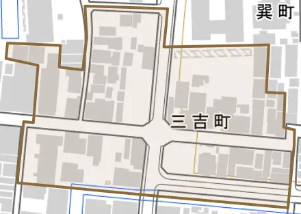 三吉町とその周辺の地図。町の範囲を重ねている
