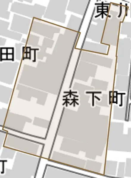森下町とその周辺の地図。町の範囲を重ねている