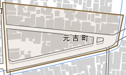 元吉町とその周辺の地図。町の範囲を重ねている