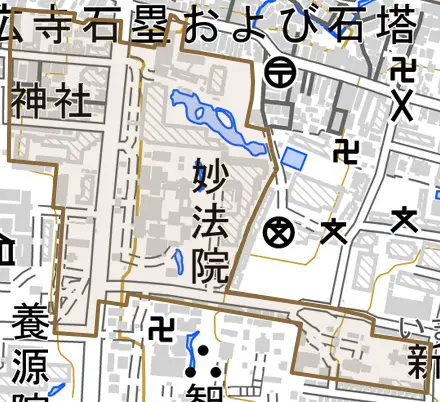 妙法院前側町とその周辺の地図。町の範囲を重ねている