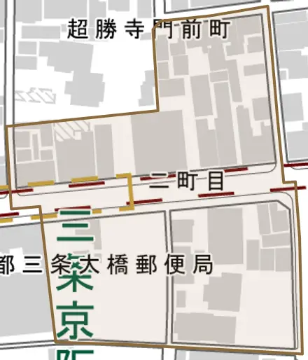 二町目とその周辺の地図。町の範囲を重ねている