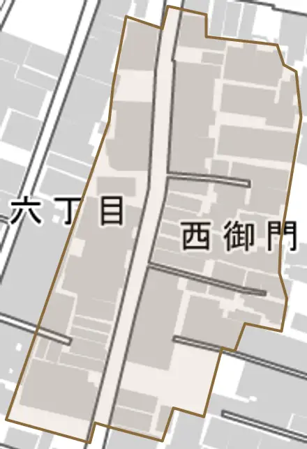 西御門町とその周辺の地図。町の範囲を重ねている