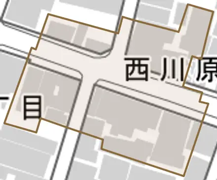 西川原町とその周辺の地図。町の範囲を重ねている