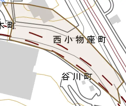 西小物座町とその周辺の地図。町の範囲を重ねている