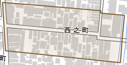 西之町とその周辺の地図。町の範囲を重ねている
