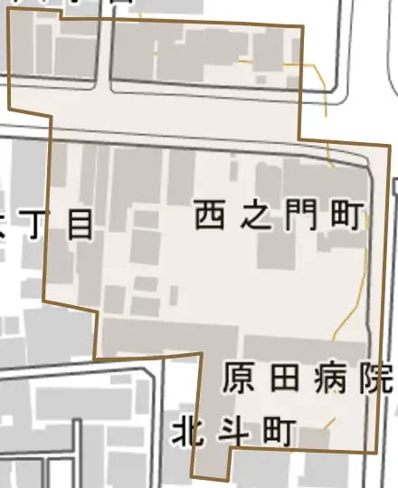 西之門町とその周辺の地図。町の範囲を重ねている