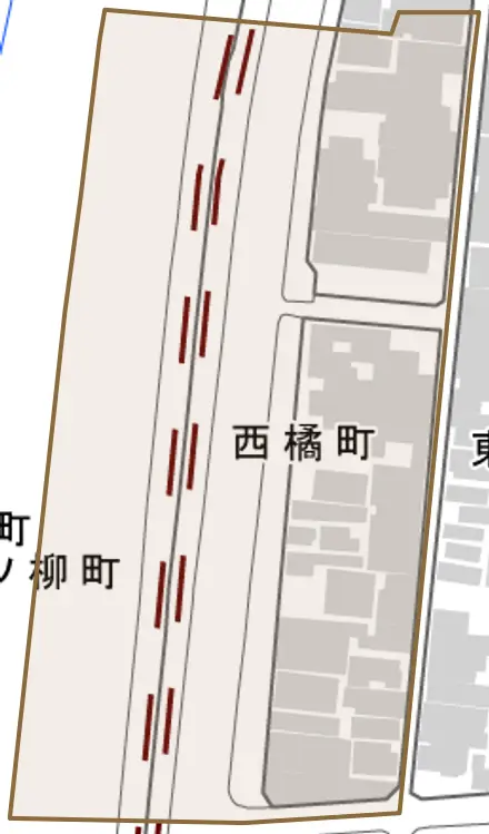 西橘町とその周辺の地図。町の範囲を重ねている