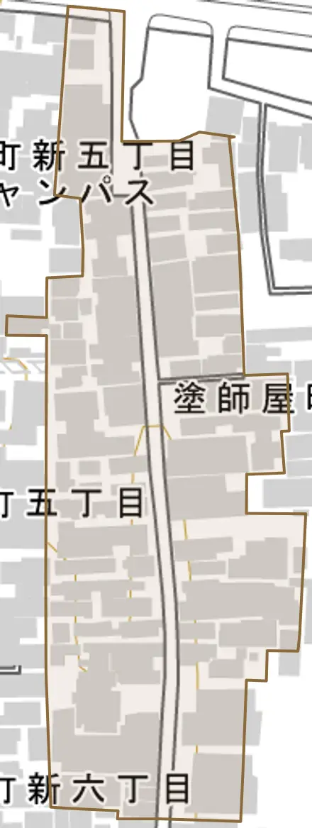 塗師屋町とその周辺の地図。町の範囲を重ねている