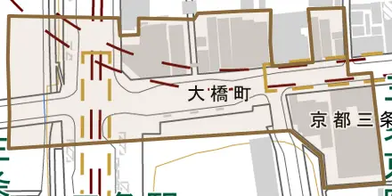 大橋町とその周辺の地図。町の範囲を重ねている