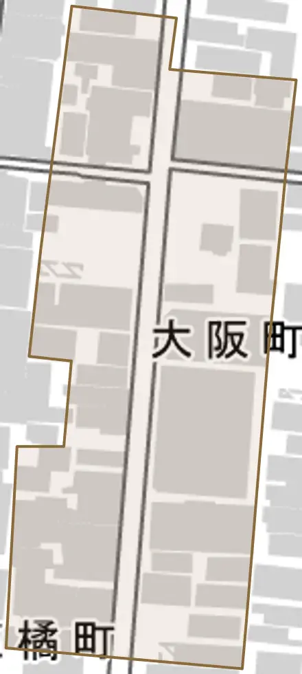 大阪町とその周辺の地図。町の範囲を重ねている