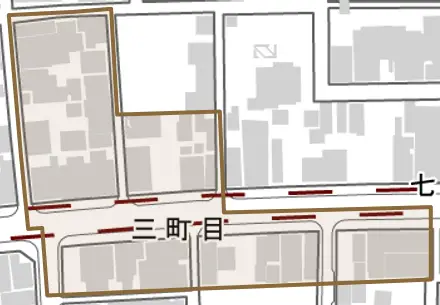 三町目とその周辺の地図。町の範囲を重ねている