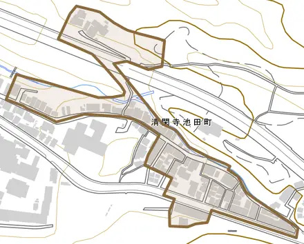 清閑寺池田町とその周辺の地図。町の範囲を重ねている