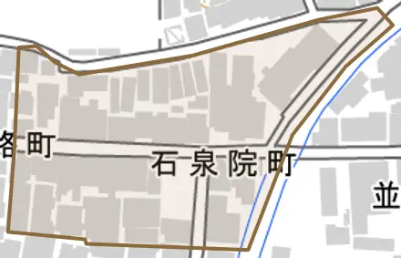 石泉院町とその周辺の地図。町の範囲を重ねている