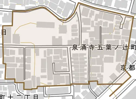 泉涌寺五葉ノ辻町とその周辺の地図。町の範囲を重ねている