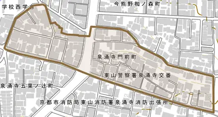 泉涌寺門前町とその周辺の地図。町の範囲を重ねている