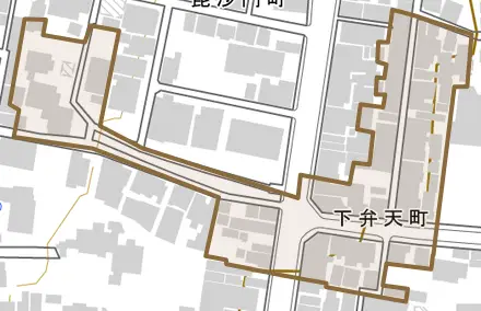 下弁天町とその周辺の地図。町の範囲を重ねている